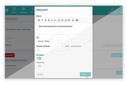 Instrukcja przedstawia tworzenie formularza dla fizjoterapeuty