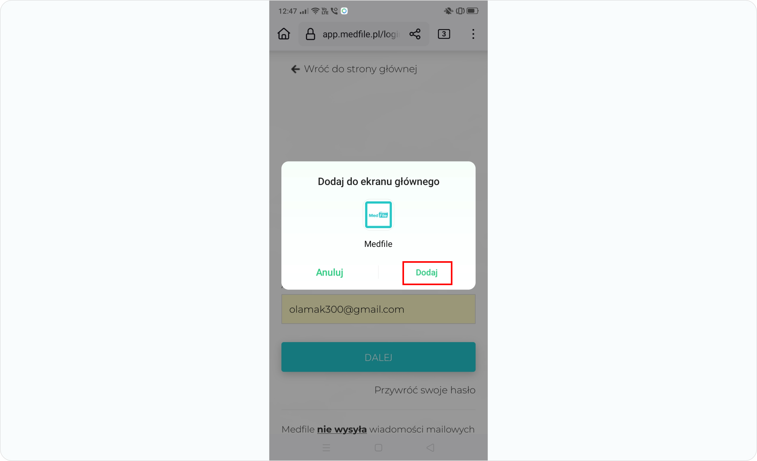 Potwierdź dodanie Medfile do ekranu głównego 