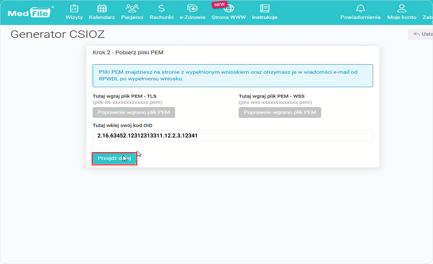 Przejdź dalej w generatorze CSIOZ