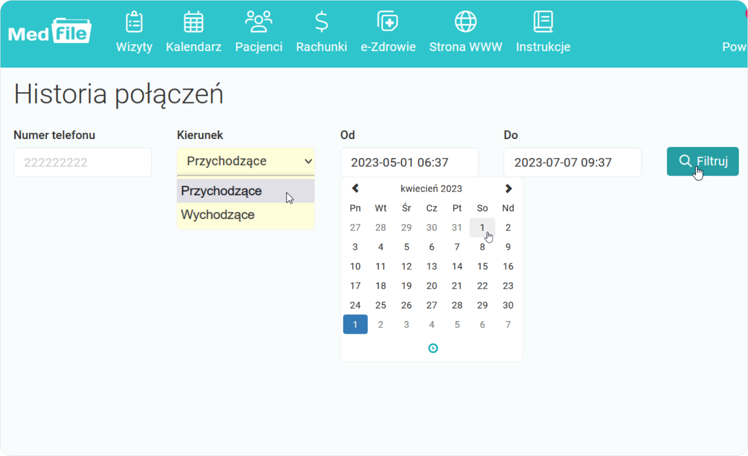 Filtruj w historii połączeń 