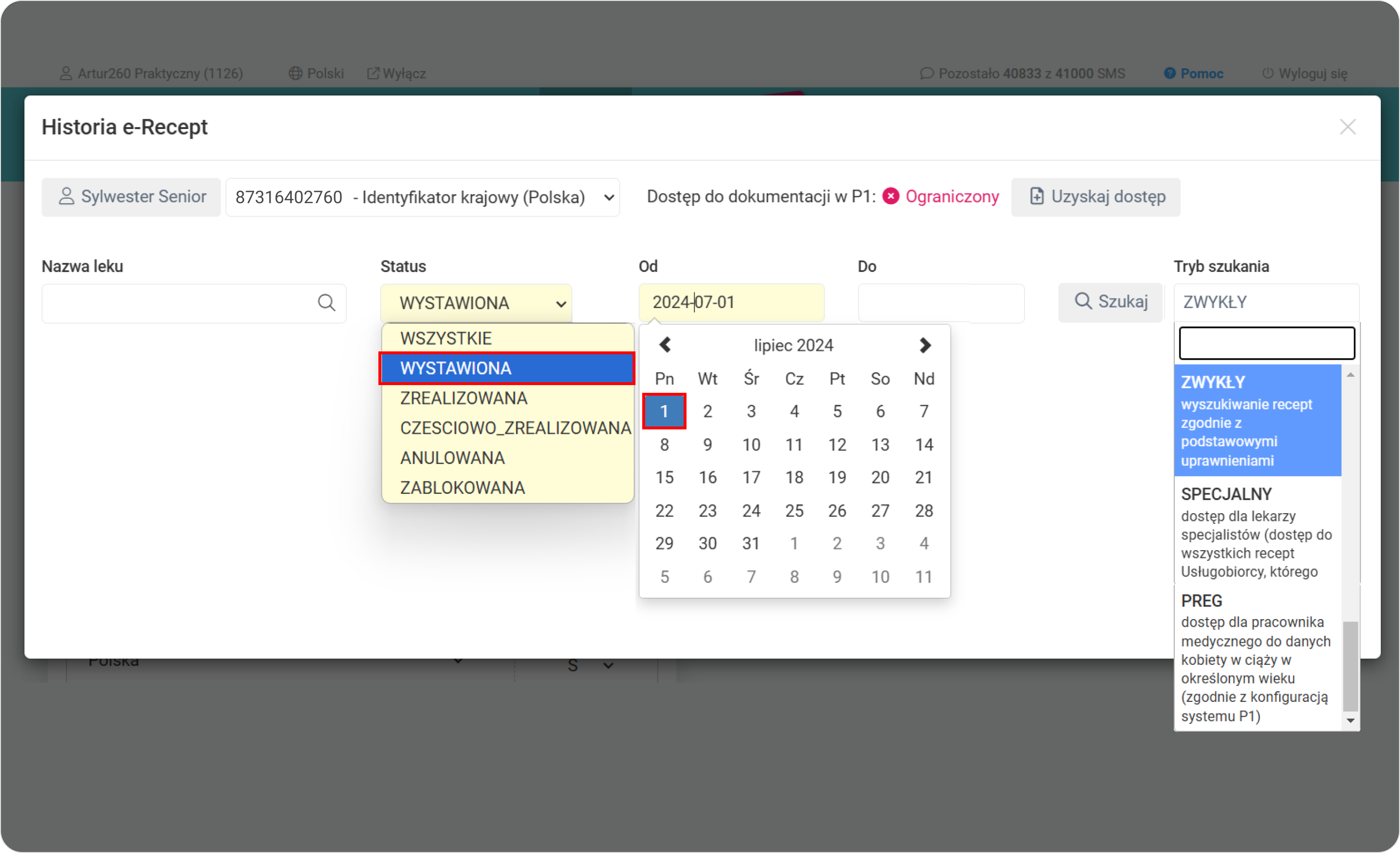 Ustaw filtry w historii recept
