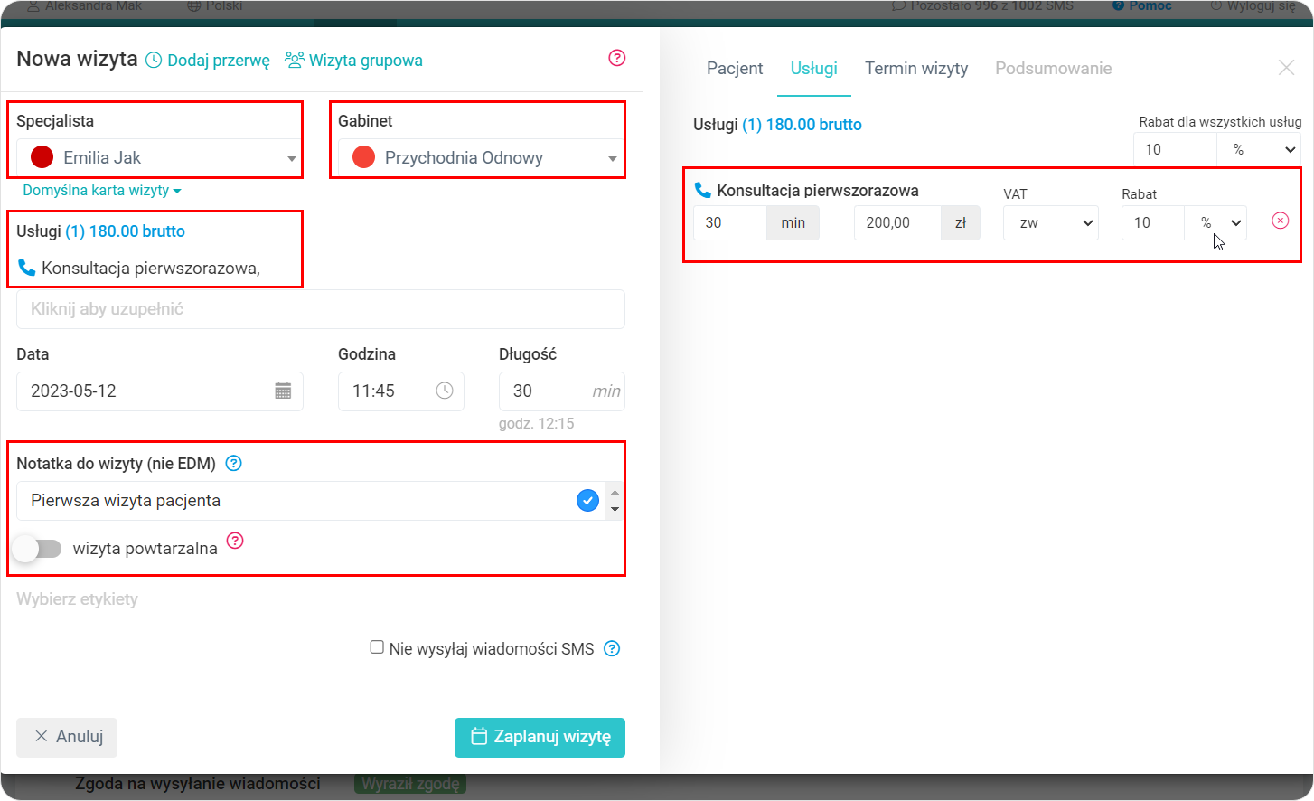 Wybierz parametry wizyty