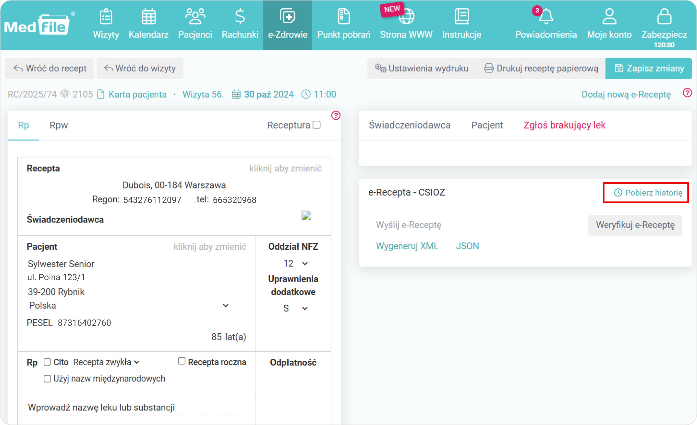 Kliknij przycisk pobierz historię
