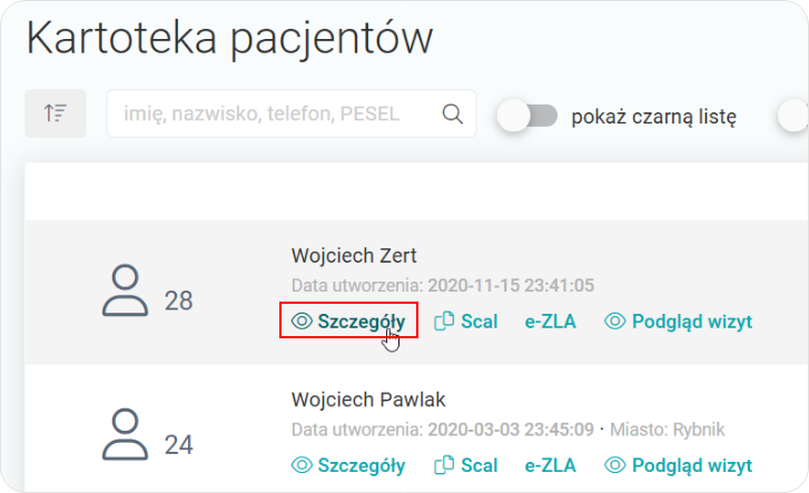 Szczegóły wybranego pacjenta