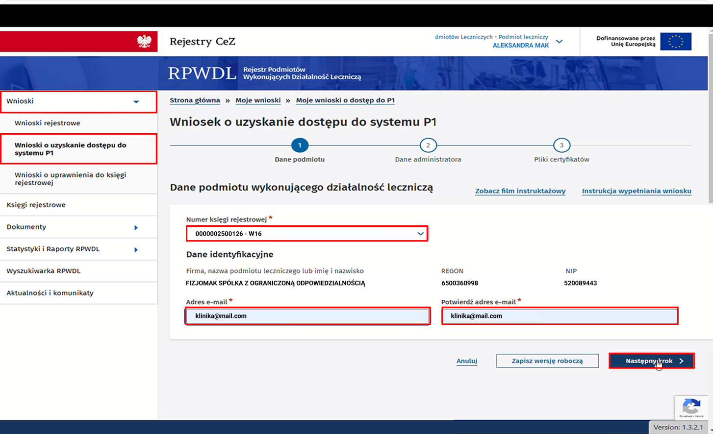 Wejdź we wnioski o uzyskanie dostępu do systemu P1