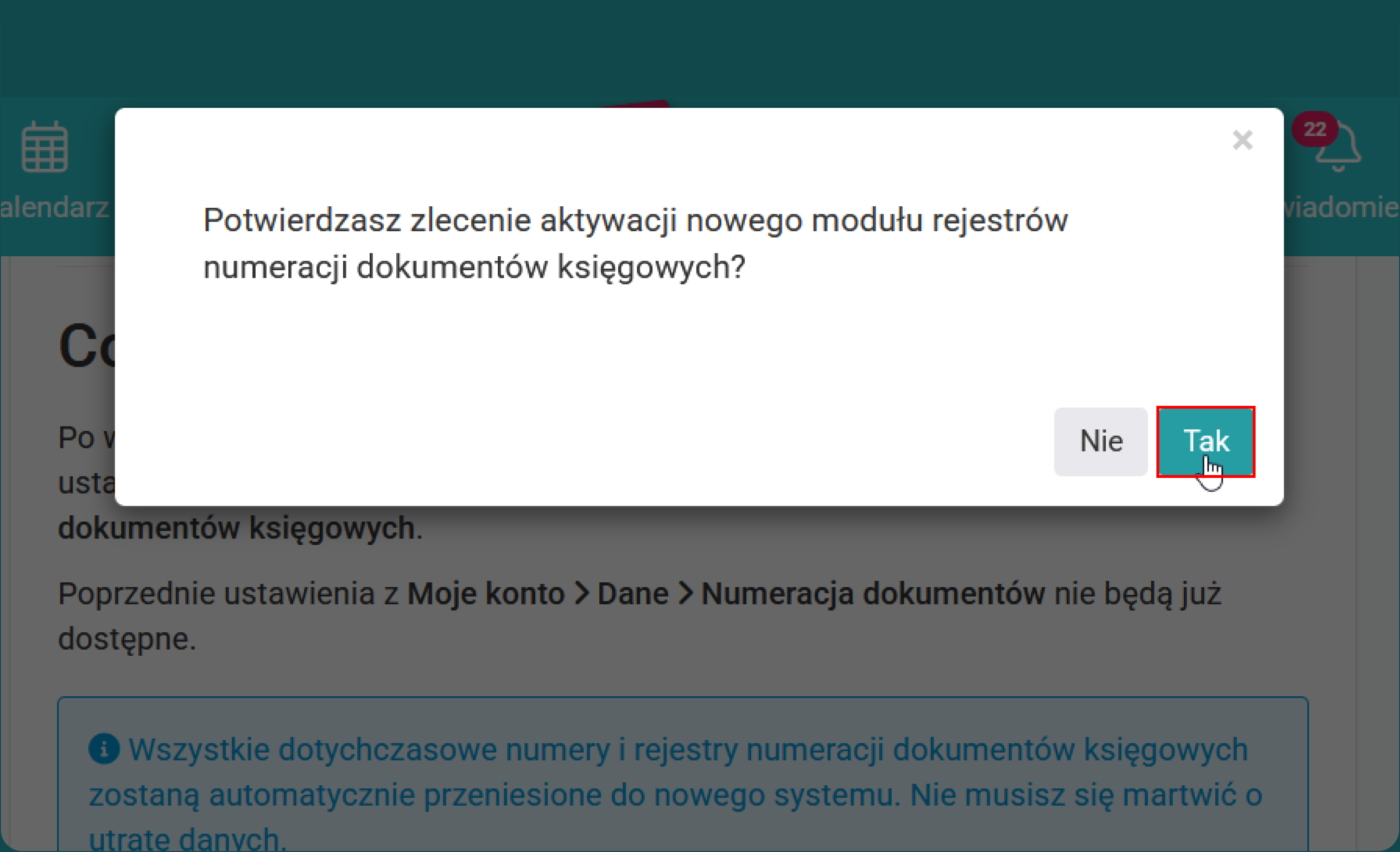Potwierdź zlecenie aktywacji modułu rejestrów numeracji