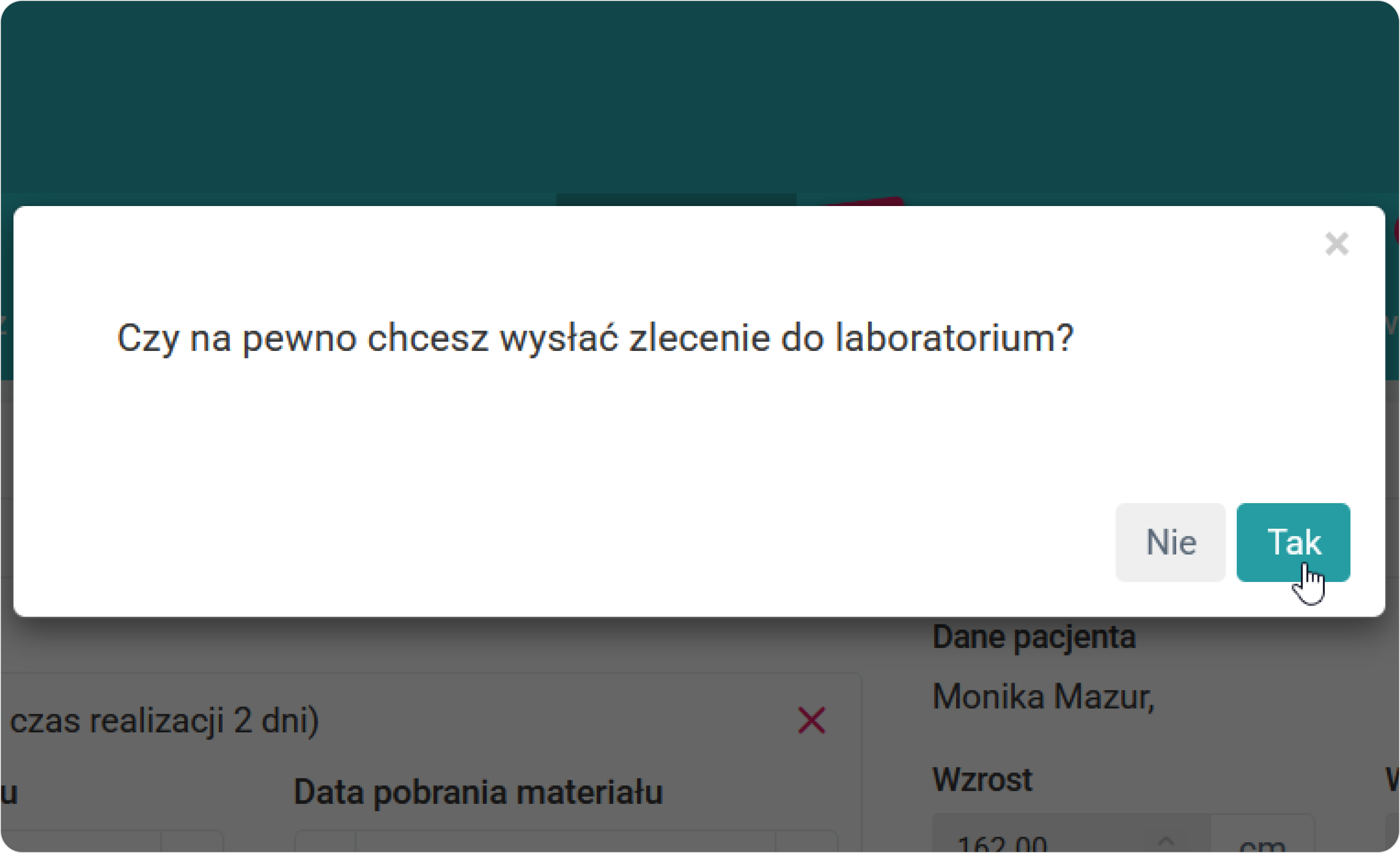 Potwierdź wysyłanie zlecenia do laboratorium